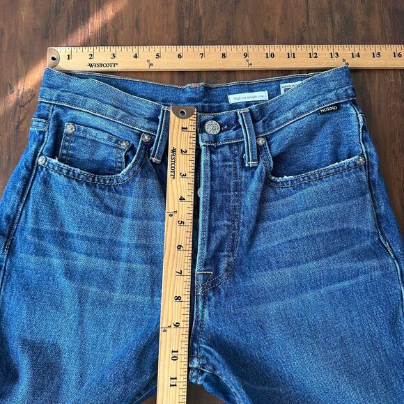 NOEND High Rise Straight Cropped Jeans Blue Denim Frayed Cotton - Picture 12 of 14